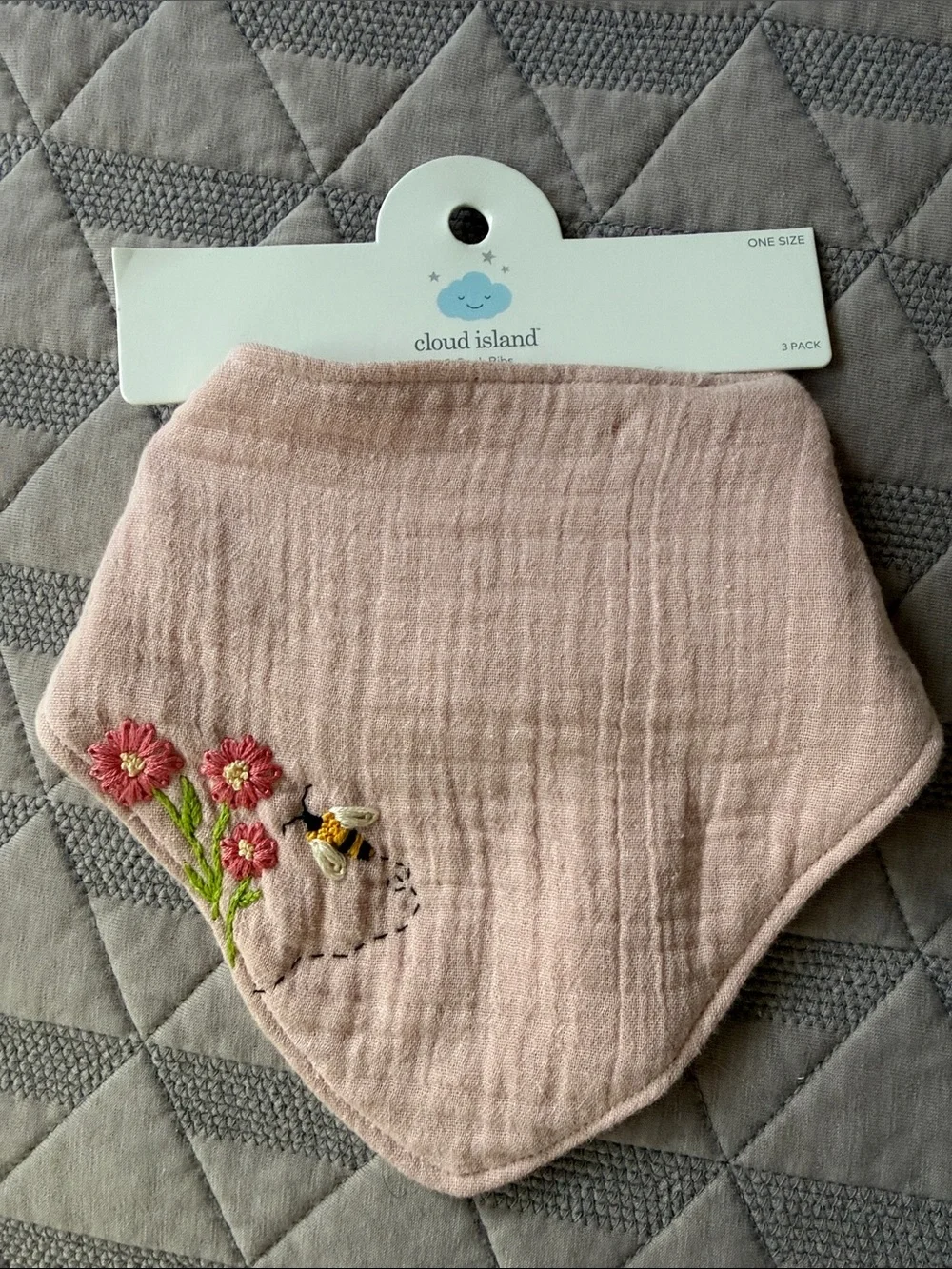 Hand-Embroidered Cloud Island Blush Pink Bandana Bib with Bee & Flowers